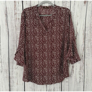 Gaharu Shirt Womens XL Maroon Oxblood V Neck Bell Split Sleeve Flutter Blouse